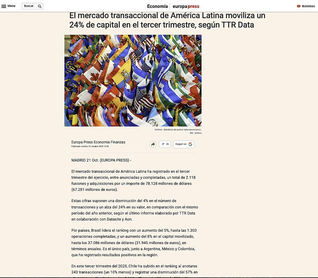 El mercado transaccional de Am�rica Latina moviliza un 24% de capital en el tercer trimestre, seg�n TTR Data